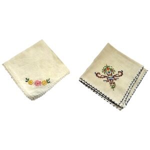 Collectible Ladies Handkerchiefs Set of 2 Embroidered Cross Stitch White Tan EUC